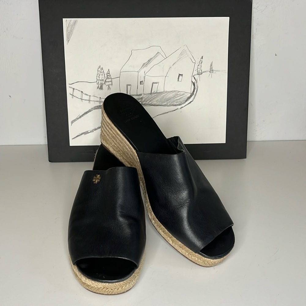 Tory Burch Bima Leather Wedges Espadrilles Black Women’s Size US 10 M